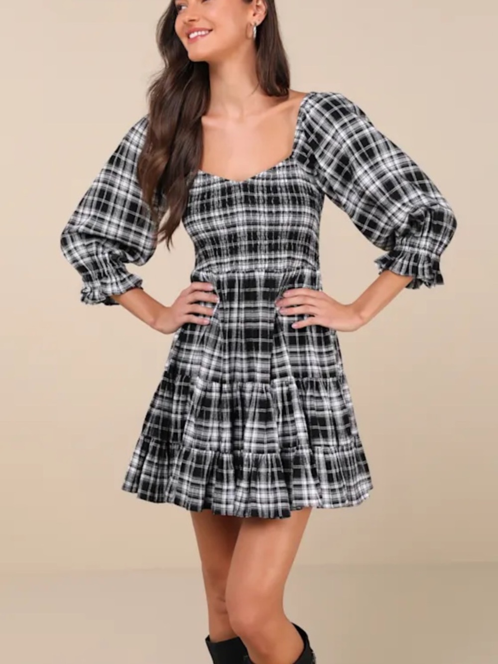 NWOT!! Lulu's Black & White Plaid Puff-Sleeve Mini Dress